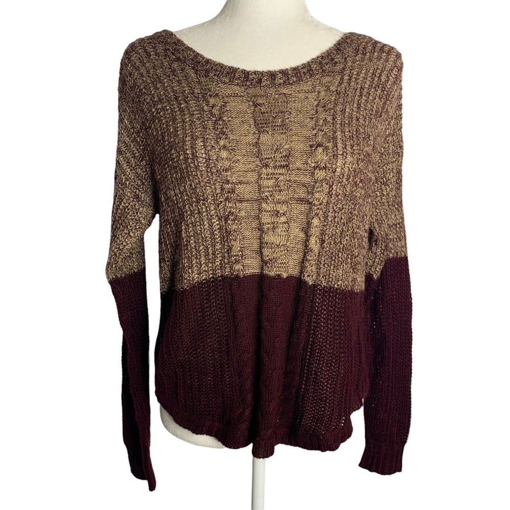 Mine Open Back Knit Sweater M Maroon Red Round Neck Long Sleeves